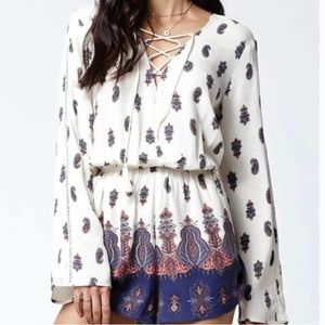 Long sleeve sexy tie chest romper boho romper, medallion print, paisley print